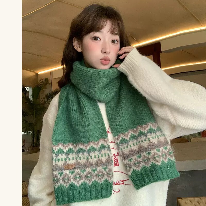 高级圣诞绿费尔岛风提花毛线围巾女秋冬2025新款保暖加厚针织围脖|undefined