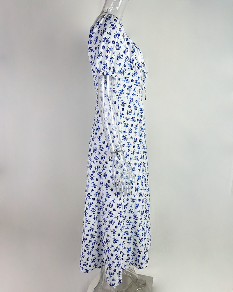 Blumenkleid Mit Puffärmeln Und Bindegürtel Für Damen Commuting_voghion.com