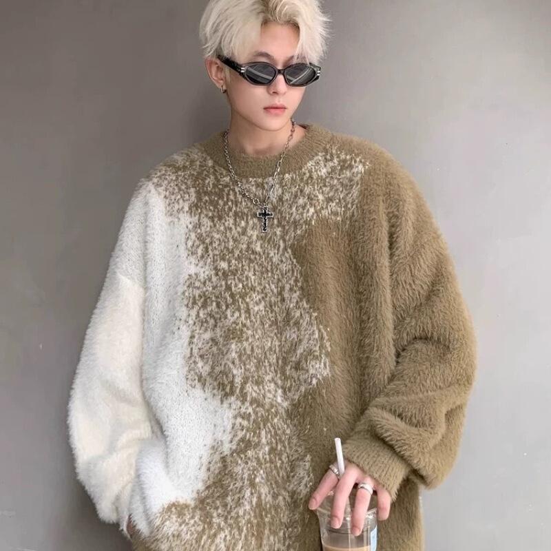 Gradient Mink Hair Crewneck Sweater Men's Winter Trendy Loose Lazy Style Warm Inner Fashion Sweater for Boys Gradient Mink Hair Crewneck Sweater Men's Winter Trendy Loose Lazy Style Warm Inner Fashion Sweater for Boys