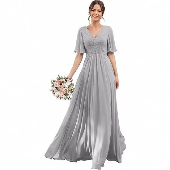 European and American Dress plus size Mid-Sleeve Chiffon V-Neck Slim-Fit Bridesmaid Dress Wedding Banquet Hosts Elegant Evening Dress for Women