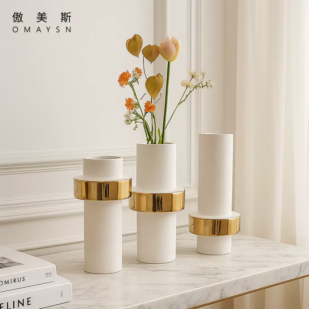 电镀陶瓷花瓶傲美斯Omaysn跨境客厅摆件轻奢金色花瓶陶瓷工艺品