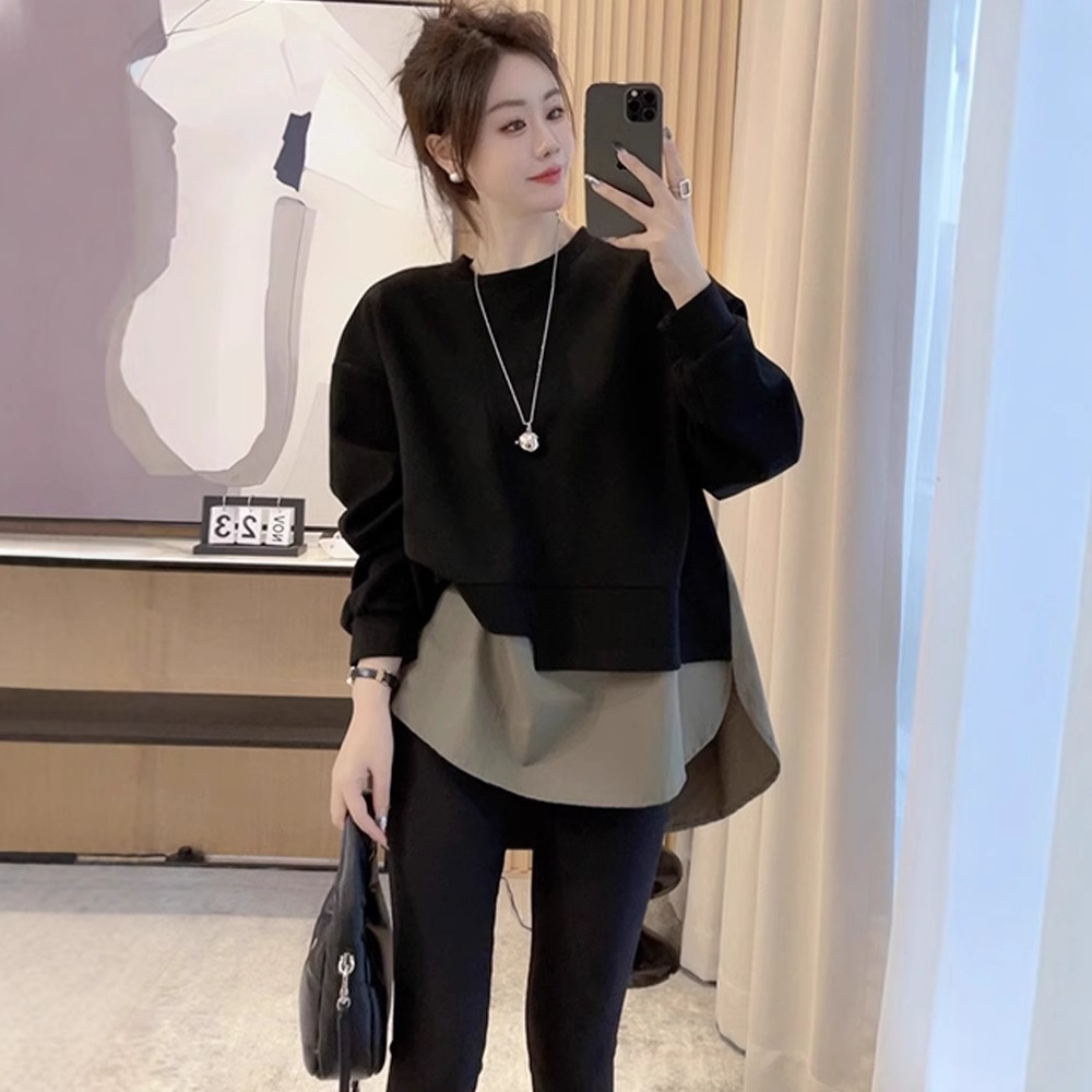 plus size Women's Autumn Mid-length Fake Two-piece Belly-covering Slim Sweatshirt Women's Loose Top chubby girl 1.00 kg-150.00 kg
