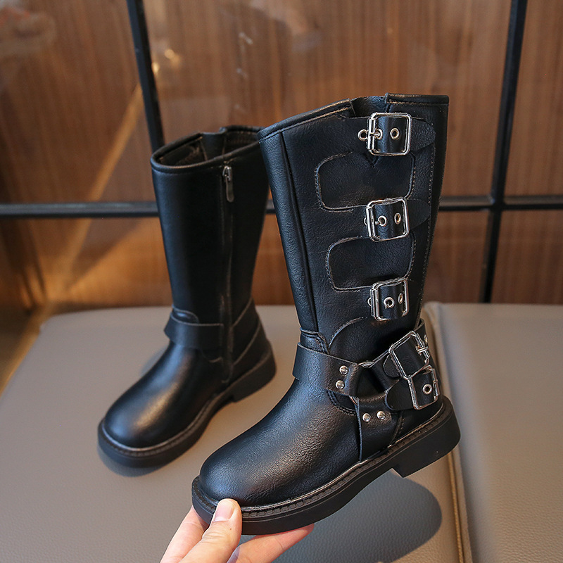 Bottes Martin montantes en cuir noires à fermeture éclair latérale pour filles et garçons de taille moyenne et grande, nouvelle collection automne 2024_voghion.com