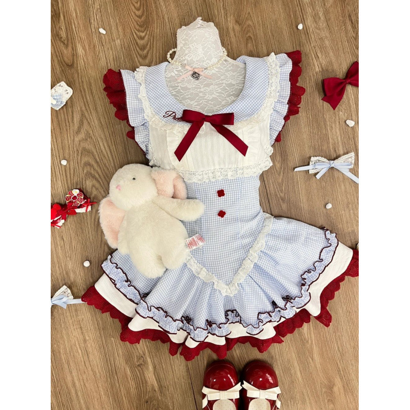 夏季小个子穿搭蓬蓬裙女日系清甜可爱蓝色格纹蝴蝶结连衣裙