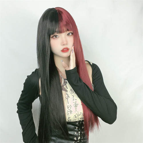 Wig female air bangs long straight hair black and red color matching yin and yang color high temperature silk wig headgear wholesale