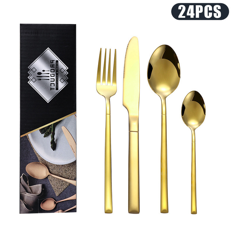 Vajilla de caballero de acero inoxidable de Amazon transfronterizo, bistec occidental, cuchillo, tenedor, cuchara, cuchara de postre, juego de caja de regalo de 24 piezas