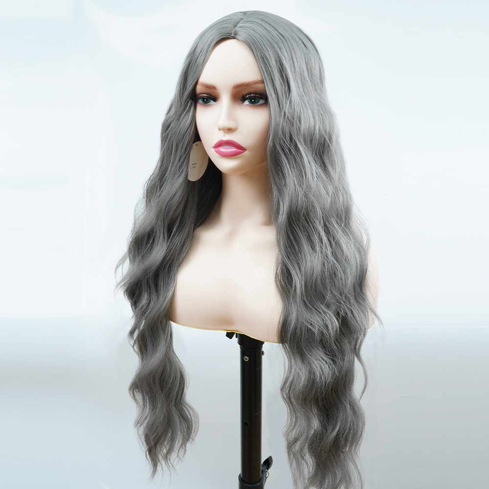 Perruque de cheveux synthétiques couvre-tête gris eau courbe naturelle vague lâche longue perruque de cheveux bouclés_voghion.com