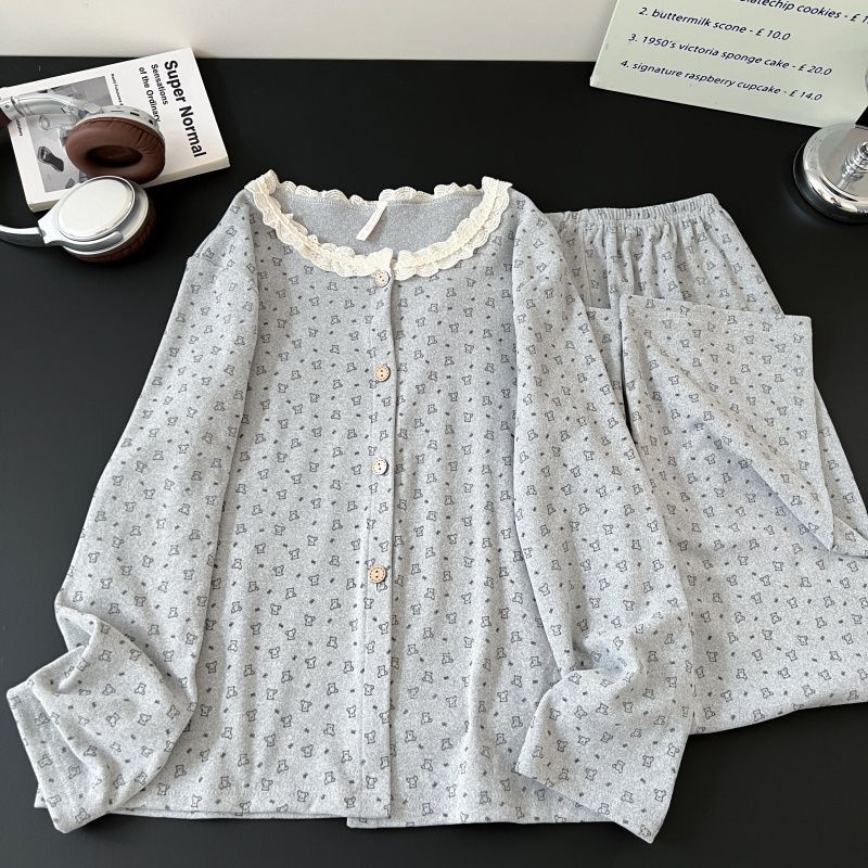 Al por mayor transfronterizo de ternilla osos pijamas mujeres otoño invierno encaje cuello redondo nuevo cálido manga larga dulce abrigo de ropa para el hogar