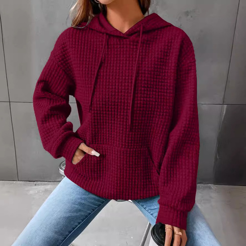 2024 Cross-border Autumn/Winter New Honeycomb Amazon Bestseller European and American Fashion Women's Long Sleeve Hoodie Solid Color Hoodie