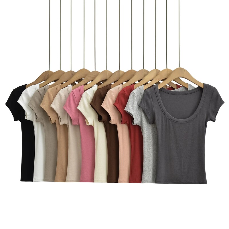 American Style Hot Girl Shoulder Short-sleeved T-shirt Women's 2024 Summer Large Round Neck Slim-fit Solid Color Simple Elastic Base Top