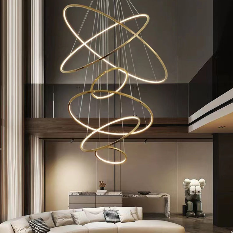 simple anillo de acero inoxidable gran lámpara de poste candelabro luz loft sala de estar escalera compleja piso de salto complejo apartamento inoxidable simple