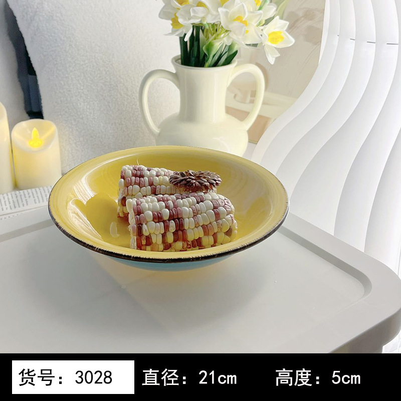 8英寸浅黄色釉下彩植物花卉图案北欧风格汤盘陶瓷餐具 8英寸汤B&|undefined