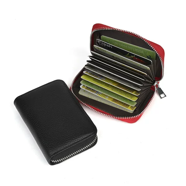 Litchi Pattern First-Layer Cowhide Accordion-Style Card Holder, Document Holder, Coin Purse, Rfid Card Holder, Coin and Business Card Holder