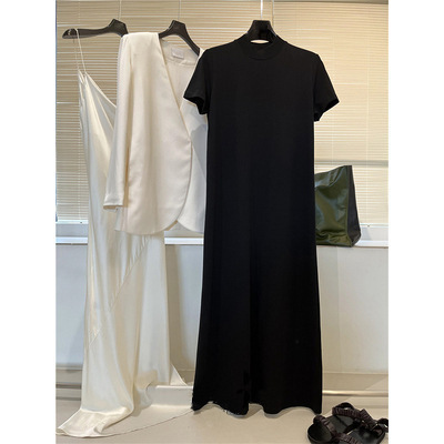 One-Piece Lazy Skirt Bone High-count Cotton Half-high Neck Short-sleeved Black Long T-Shirt dress One-Piece Lazy Skirt Bone High-count Cotton Half-high Neck Short-sleeved Black Long T-Shirt dress