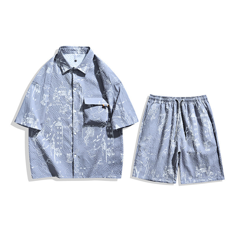 2024 verano nueva camisa de espuma de manga corta + pantalones cortos para hombres camisa de manga de cinco puntos + cinco puntos