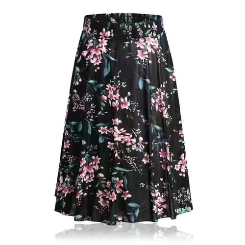 Summer Women's Half-length Skirt Thin Ice Silk Medium-length High-waist Embroidered Skirt with Large Hem, Dance Skirt for Middle-aged and Elderly Mothers