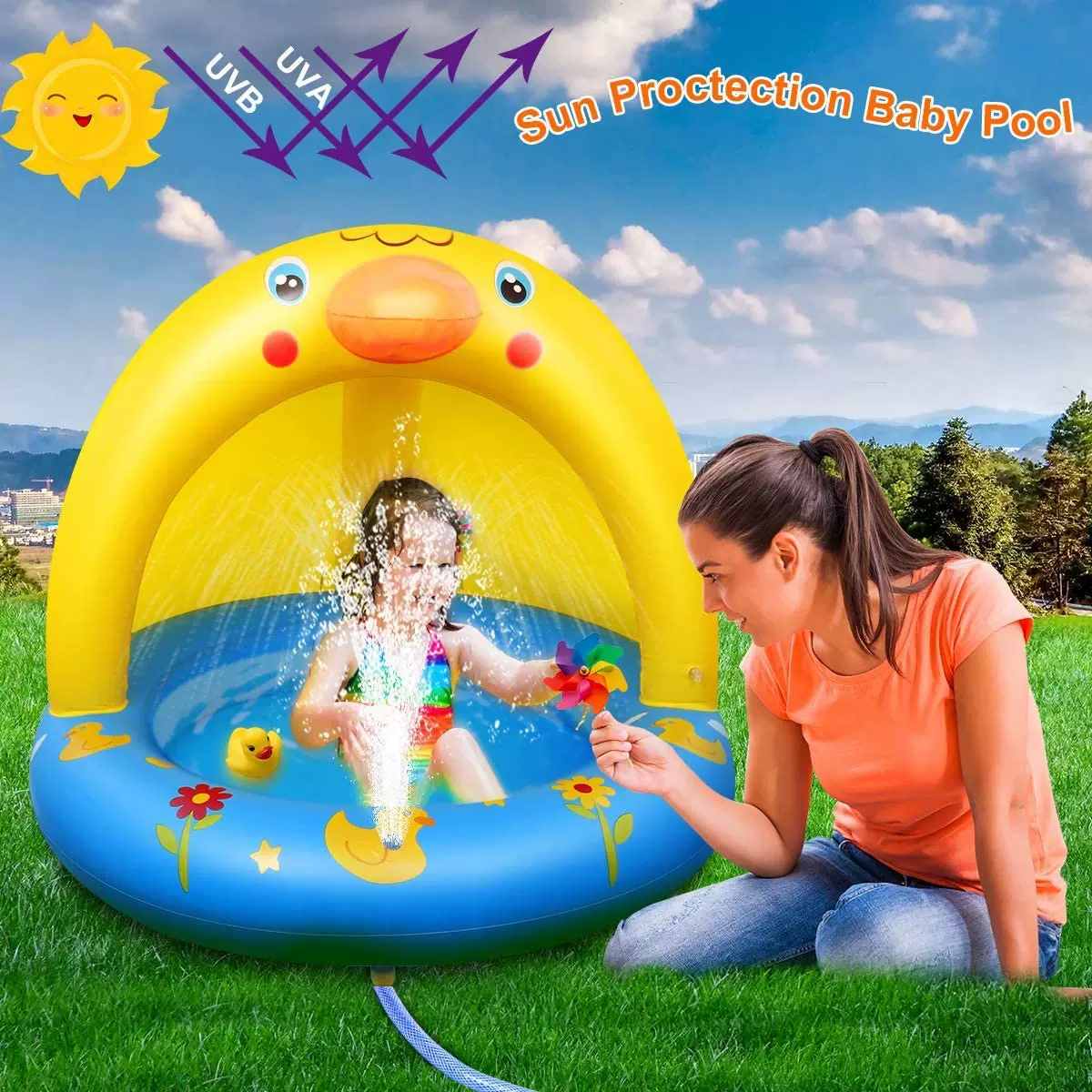 厂家供应充气黄鸭遮阳喷水池婴儿草坪戏水池防晒棚子洒水容器泳池