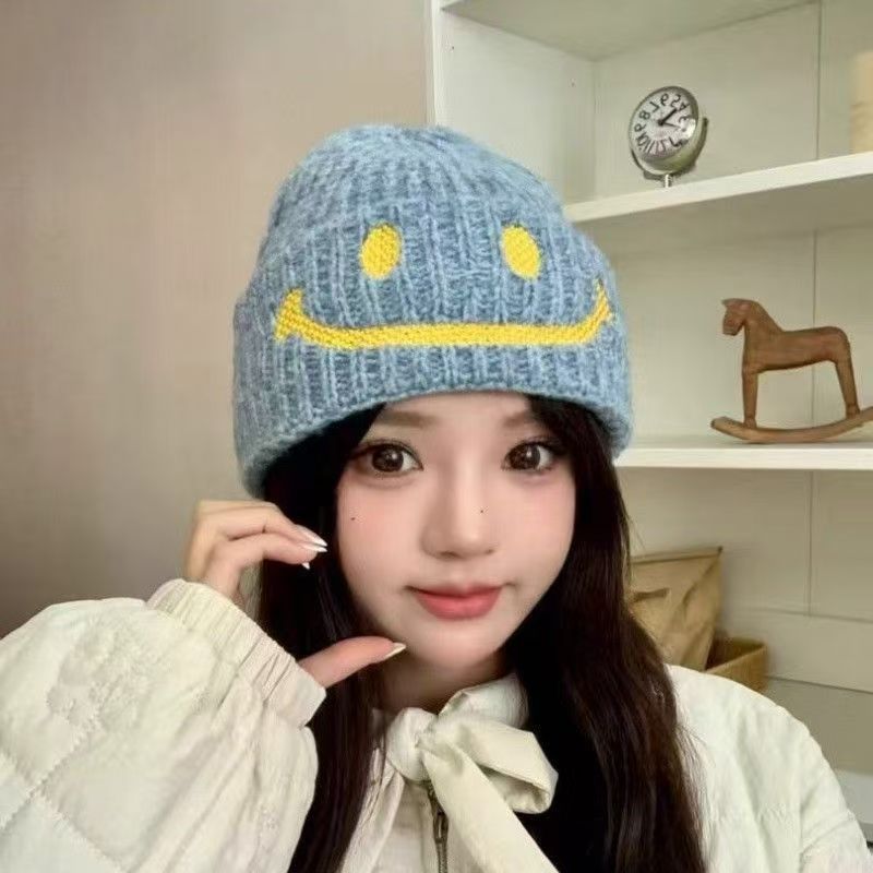 可爱笑脸毛线帽女秋冬季韩版百搭小众逛街冷帽黑色抗寒保暖针织帽|undefined