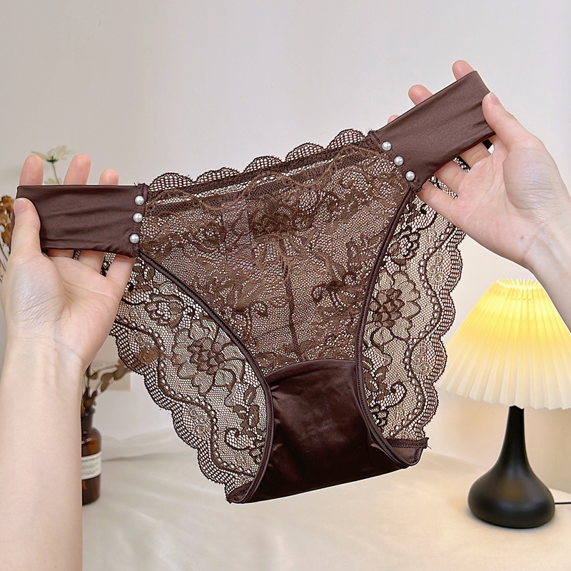 European and American Style Sexy Lace Panties with Double Straps and Rhinestones, Low-Waist Breathable Cotton Crotch Women's Underwear, New Breathable Design