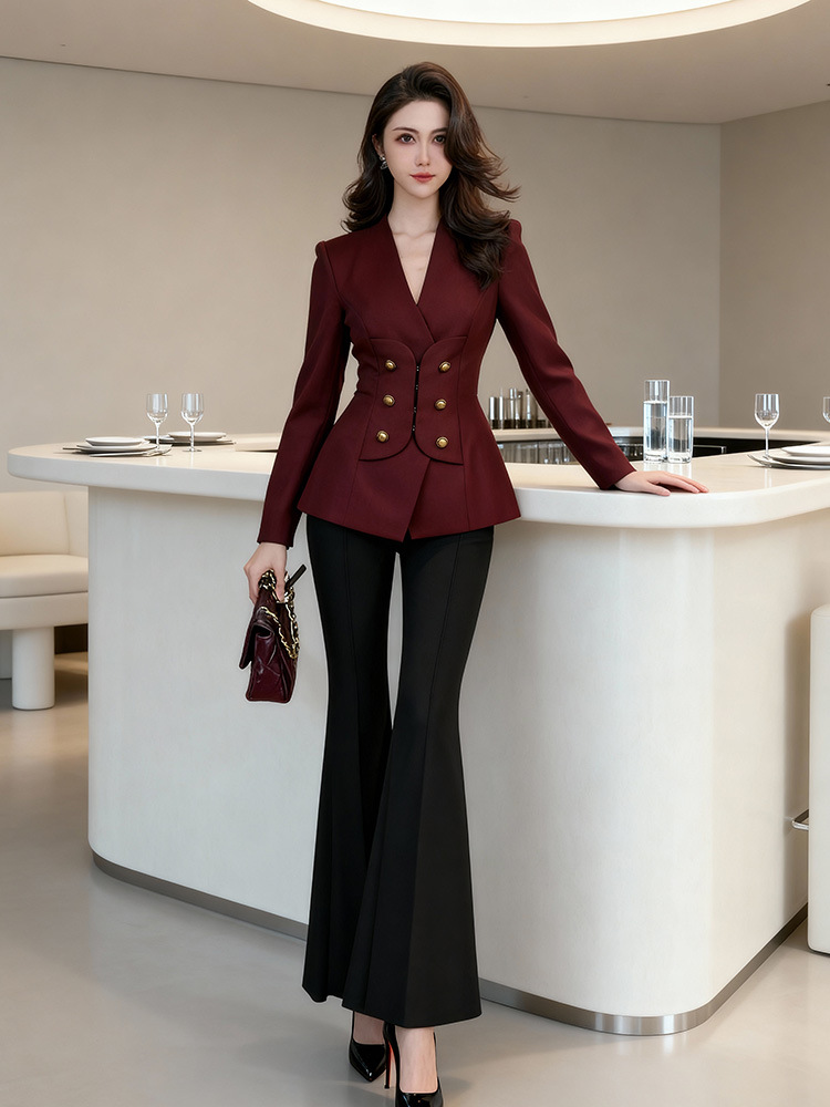 Áo blazer ôm eo nữ màu đỏ tía phong cách công sở — màu đỏ tía đậm