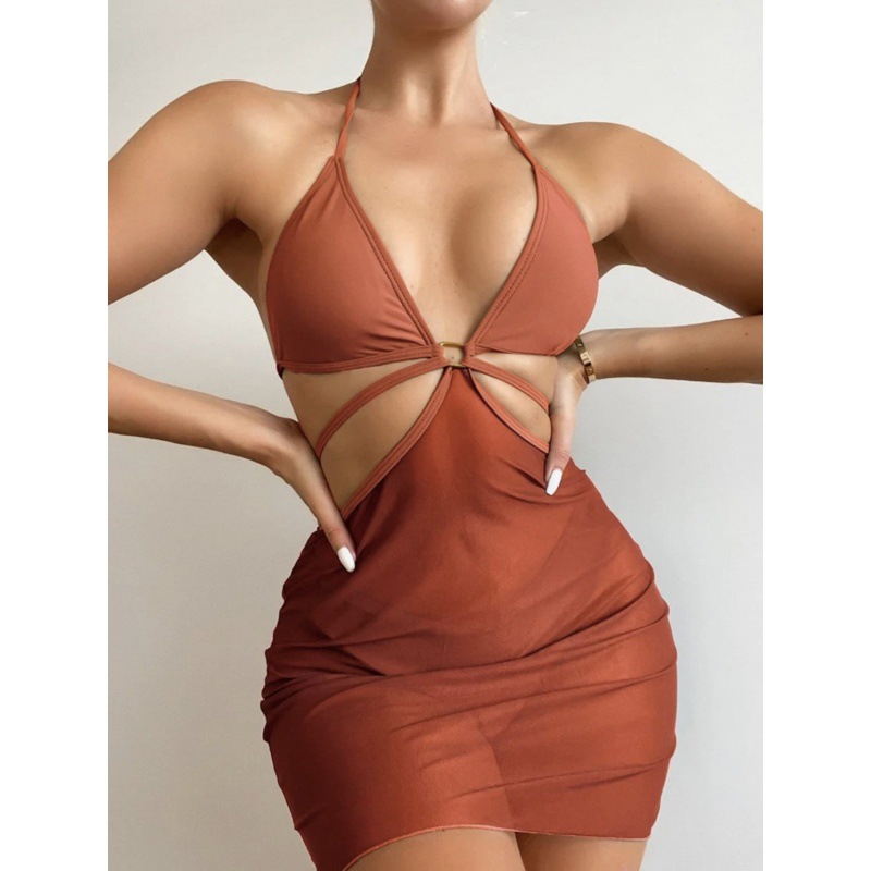 Mingyi nuevo sexy color sólido europeo y americano multicolor moda bikini malla vestido de tres piezas traje de baño de las mujeres