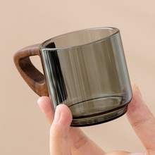 玻璃小茶杯品茗杯带把手胡桃木防烫家用办公室轻奢高档透明水杯子