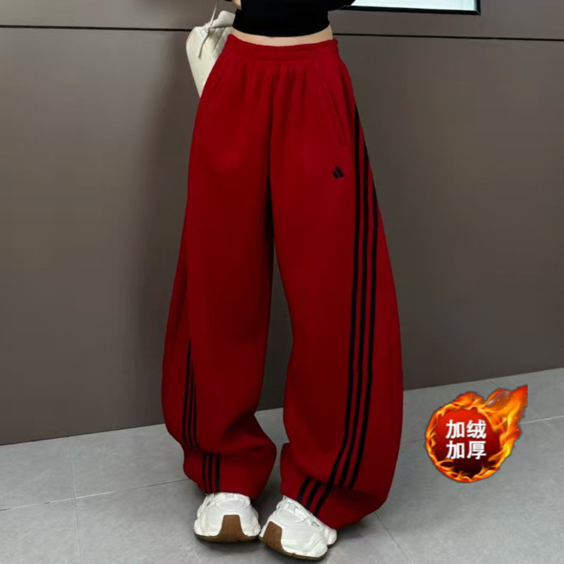 2025 Winter New Style Fleece-Lined Thickened Winter Fleece Sweatpants for Women, Three-Stripe Loose Drape Embroidered Casual Pants for Women