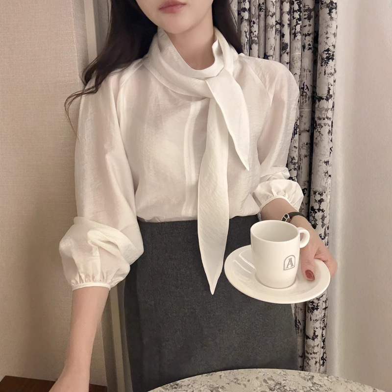South Korea Chic Early Spring French Age-reducing Simple Solid Color Tencel Wrinkle Strap High Collar Long-sleeved Pullover Shirt for Women