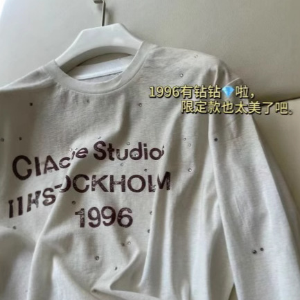 Ac Niche 25 Early Spring Designer New Black Diamond Retro Wandering Style Spray-Painted Distressed Hot Diamond Long-Sleeved T-Shirt