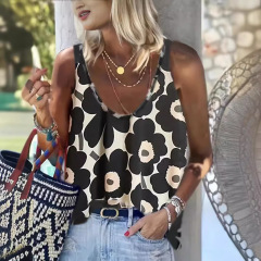 2024年春夏季新款歐美大碼女裝優雅休閒時尚寬鬆印花無袖背心上衣