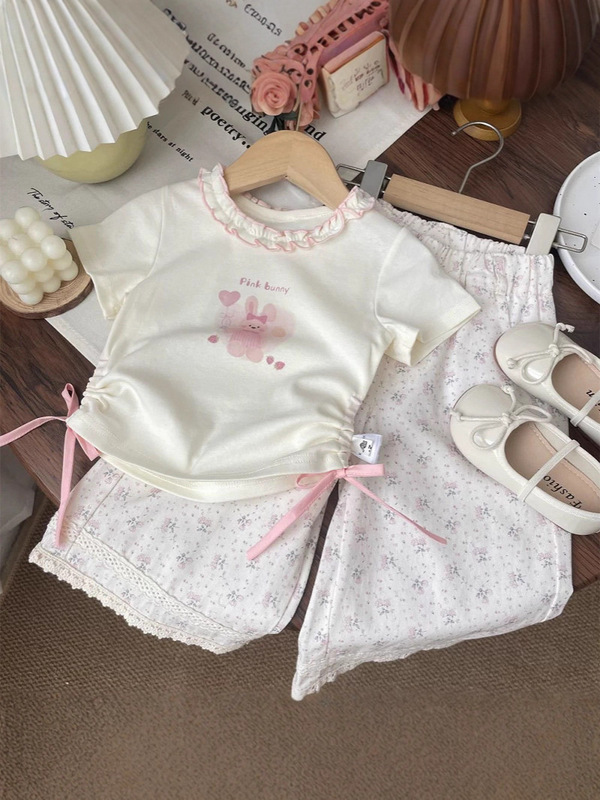 韓国風子供服夏スタイル女の赤ちゃんレース漫画巾着半袖 Tシャツ女の子半袖トップ子供底シャツ薄い|undefined