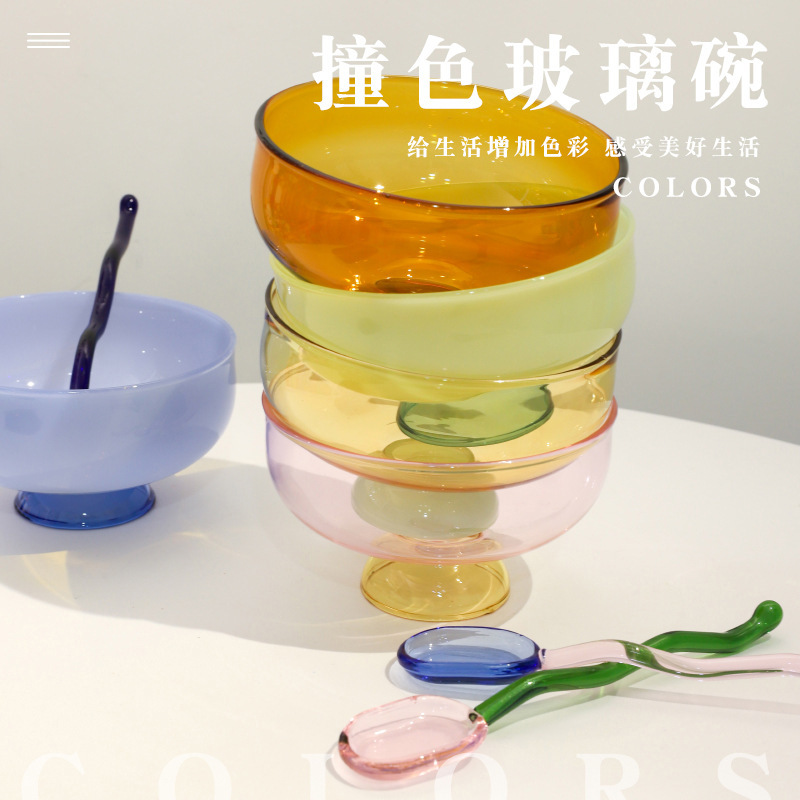 Contrast color glass bowl fruit salad bowl soup bowl tableware household high temperature resistant transparent instant noodle bowl rice bowl spoon suit