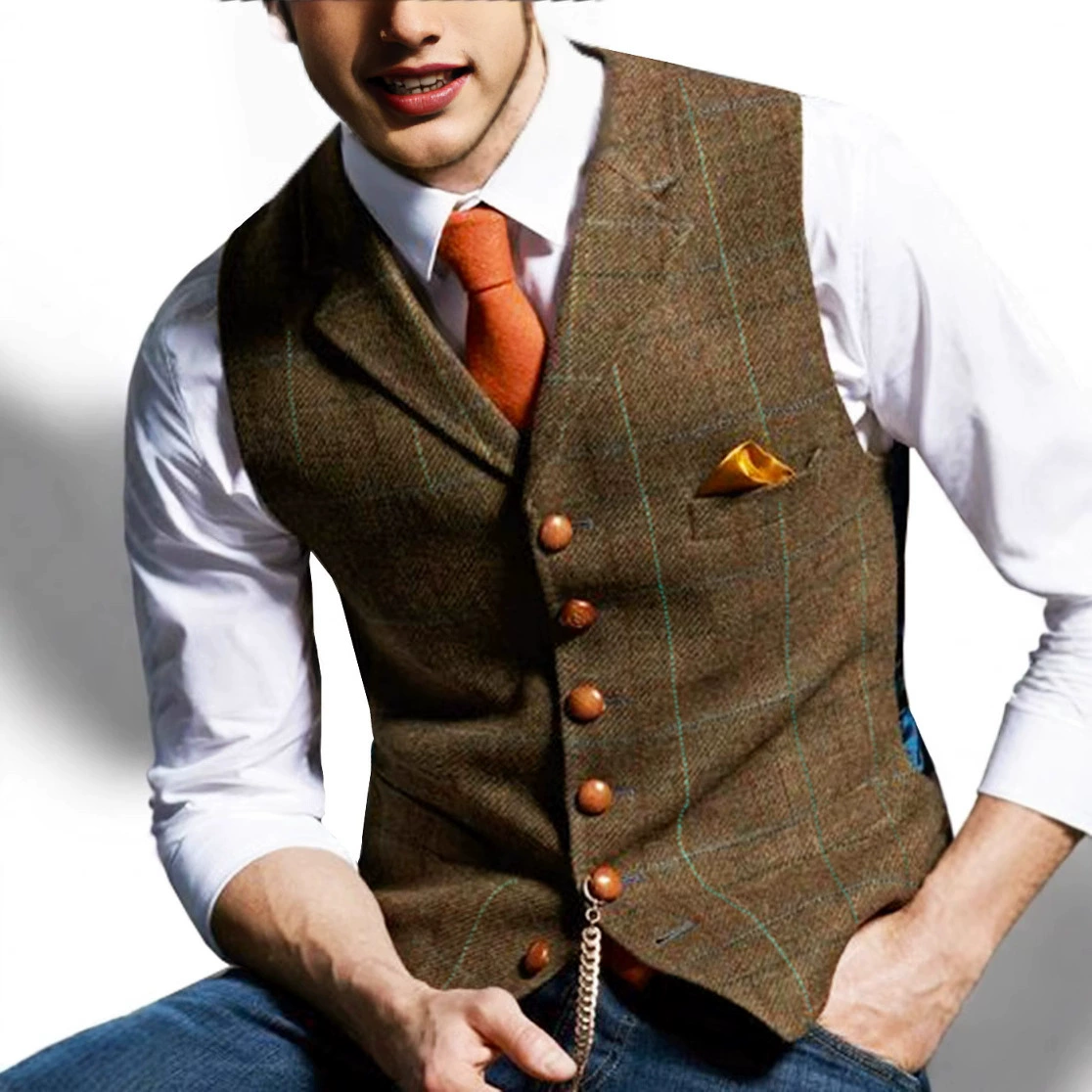 Трансграничный европейский и американский мужской отворот костюм жакет жених жених стройный клетчатый жилет