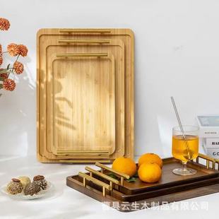 Solid Wood Retro Wave Metal Handle Tea Tray Household Wooden Tray Tea Cup Hotel Chinese Bread Pastry Tray