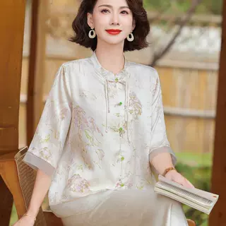2026新中式妈妈装夏季时尚国风雪纺小衫中老年女夏装短袖T恤套装