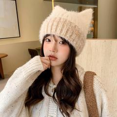 可爱猫耳朵毛线帽子女秋冬季新款加厚保暖户外防寒百搭针织帽批发