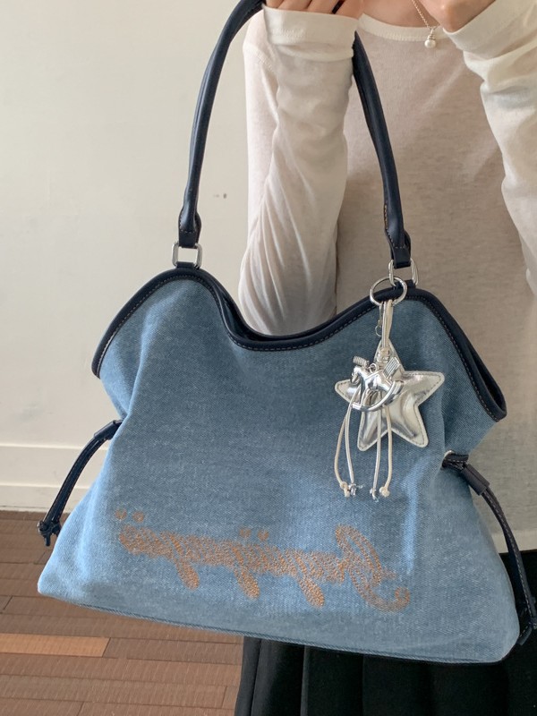2026 nueva moda denim transfronteriza, bolsa de gran capacidad, bolsa de hombro de viaje casual coreana, mujer
