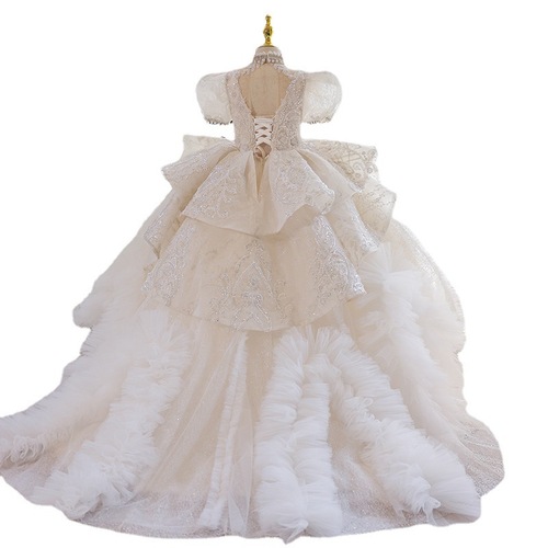 Children's Summer High-End White Flower Girl Dress with Train for Fashion Show, Host Child Princess Dress