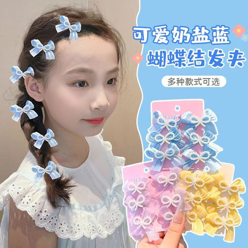 可爱奶盐蓝蝴蝶结发夹新款珍珠侧边马尾刘海碎发夹超仙蝴蝶结边夹|undefined