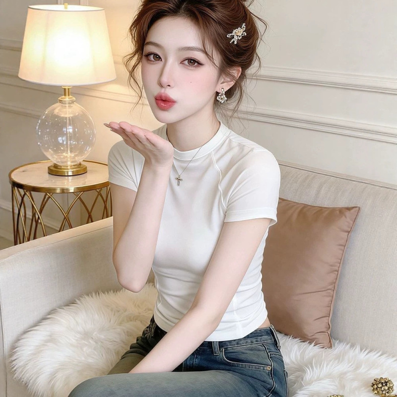Summer New Style Fishbone-Patterned Simple Slim-Fit T-Shirt, Spicy Girl Style, Short Korean Style, Age-Reducing, Slimming, Outerwear, Waist-Cinching Top Summer New Style Fishbone-Patterned Simple Slim-Fit T-Shirt, Spicy Girl Style, Short Korean Style, Age-Reducing, Slimming, Outerwear, Waist-Cinching Top