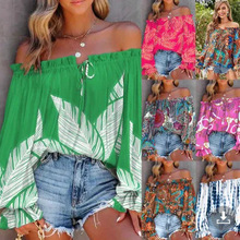 2023独立站wish亚马逊爆款新款春季一字领喇叭袖长袖系带衬衫女装