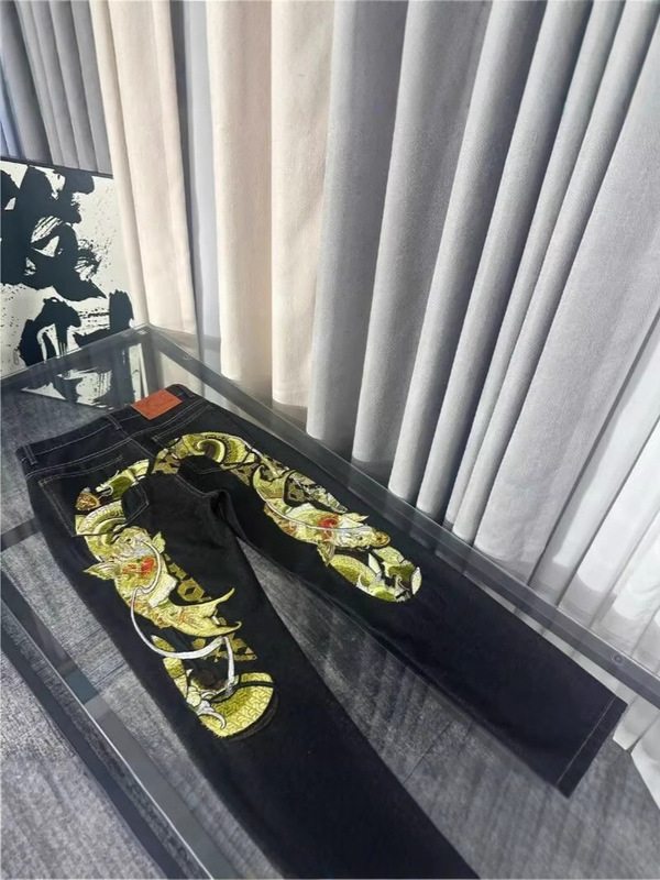 新款福运鲤鱼跃龙门刺绣黑色牛仔裤男宽松直筒脚休闲时尚潮牌裤子|undefined