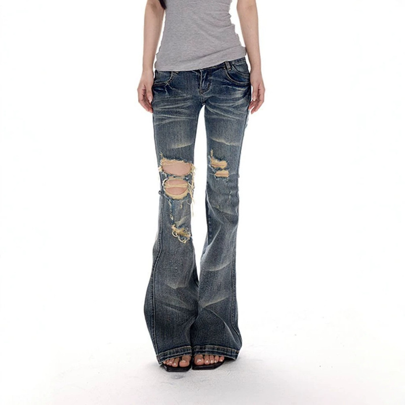 American Retro Style Spicy Girl Design Distressed Washed Ripped Low-Waist Jeans for Women, Summer Slim Fit Flared Pants American Retro Style Spicy Girl Design Distressed Washed Ripped Low-Waist Jeans for Women, Summer Slim Fit Flared Pants