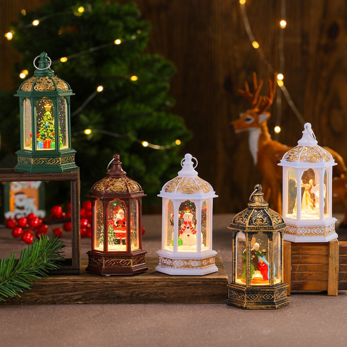 Inyección de agua de Navidad nieve hexagonal lámpara de viento iluminante lámpara de noche regalos de Navidad decoraciones de Navidad