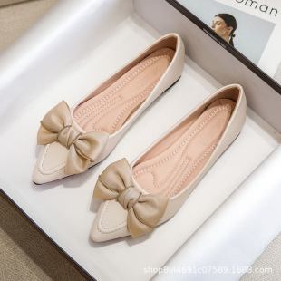 Pointed Toe Flats for Women Spring & Fall 2024 New Flats Bow Boat Shoes Soft Sole All Year Round Scoop Shoes Small Size 33 34