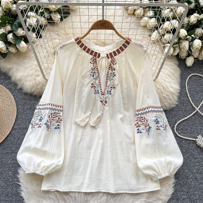 Vintage Retro Fashion Heavy Embroidery Lace-Up Lantern Sleeve Shirt for Women, New Loose Versatile Casual Vacation Top