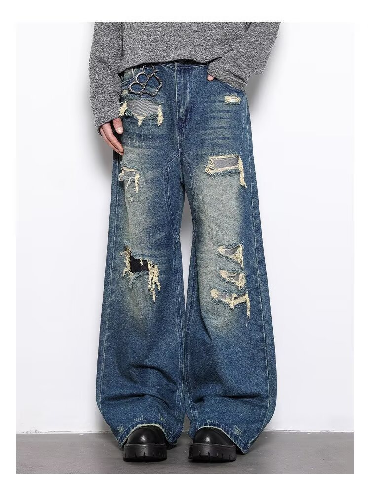 Men's High-End Retro Distressed Ripped Camouflage Patchwork Wide Leg Jeans Loose Fit Floor Length Pants_mkmklike.com