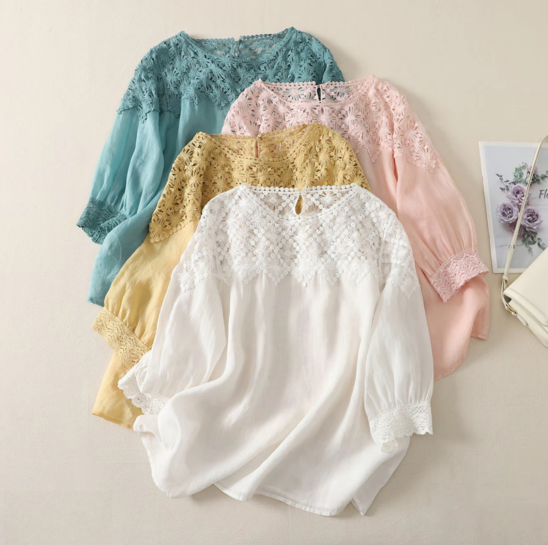 Artistic and Sweet Lace Patchwork Cotton-Linen Three-Quarter Sleeve Shirt for Women, Summer Embroidered Hollow-Out Round Neck Pullover Linen Blouse Artistic and Sweet Lace Patchwork Cotton-Linen Three-Quarter Sleeve Shirt for Women, Summer Embroidered Hollow-Out Round Neck Pullover Linen Blouse