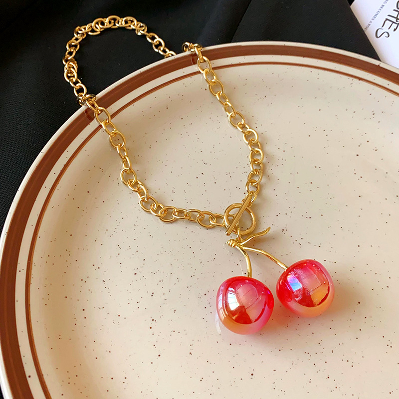 O-shaped necklace Chain Type 1 Piece Quantity Cute Lady Cherry Alloy Resin O-shaped Necklace Pendant Necklaces Wholesale