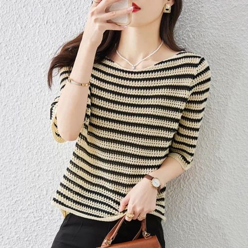 Women's Summer Collared Knit T-Shirt with Striped Patterns, Loose Fit, Stylish and Elegant Short-Sleeve Top